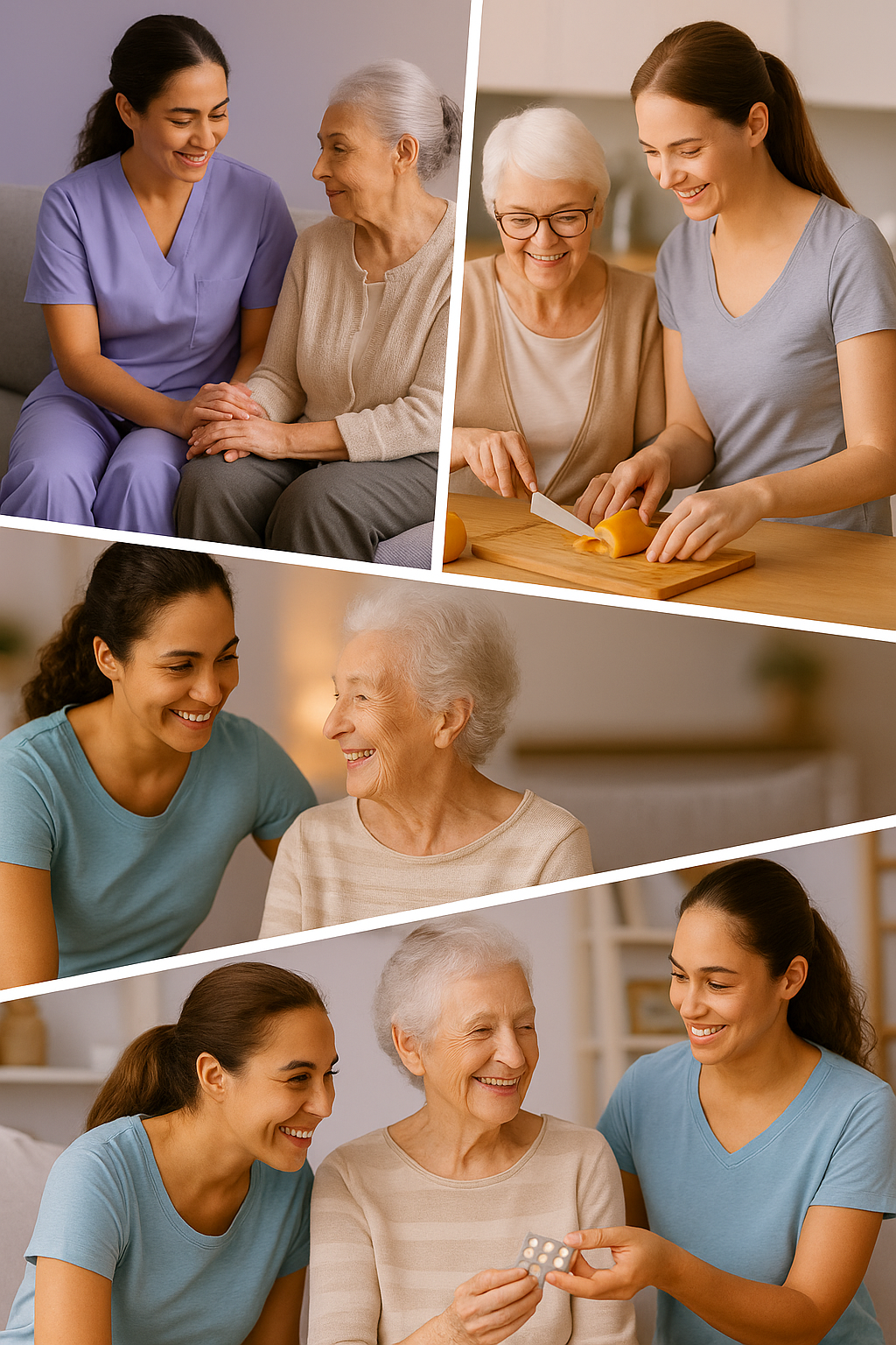 Collage of caregivers assisting seniors with personal care, meal preparation, companionship, and medication reminders