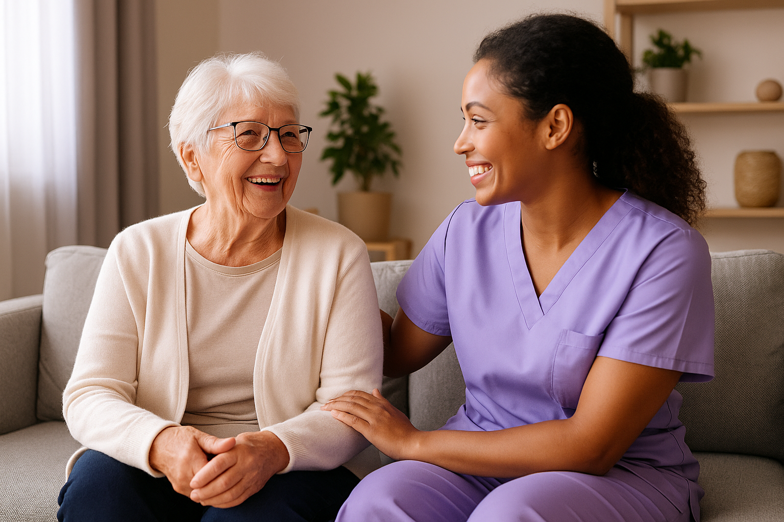 Caregiver smiling with client at home
